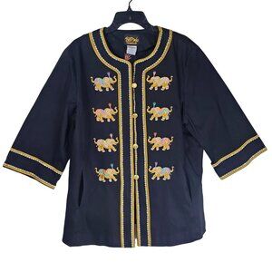 Bob Mackie Embroidered Elephant Jacket XL Black Gold Collarless Wearable Art